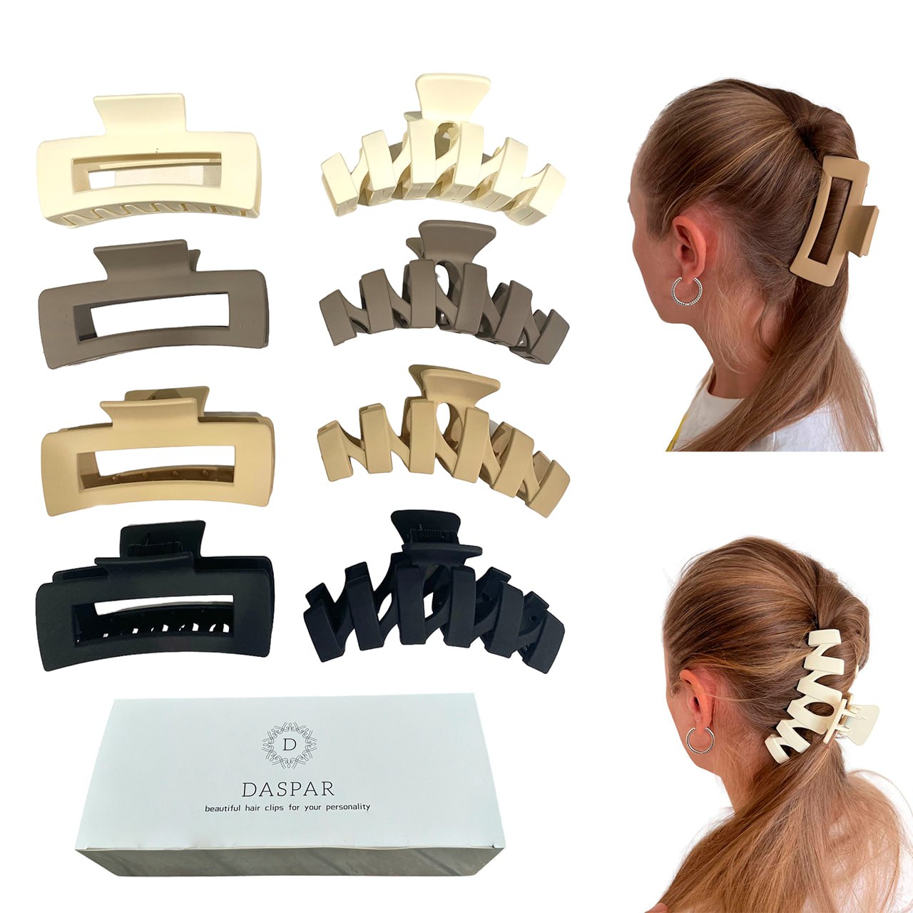 8-Pack 4.0" Matte Zigtail and Сlassic Claw Clips Daspar for Thick Hair - Large Shape with Strong Hold and Non-Slip Grip - Neutral Colors